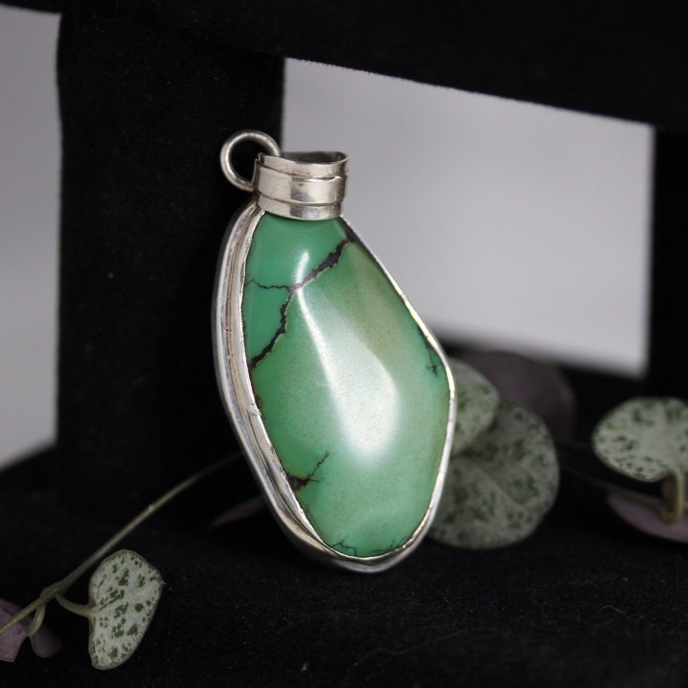 Sterling Silver Green Turquoise Pendant Large Bezel Set Open Back 925 Statement